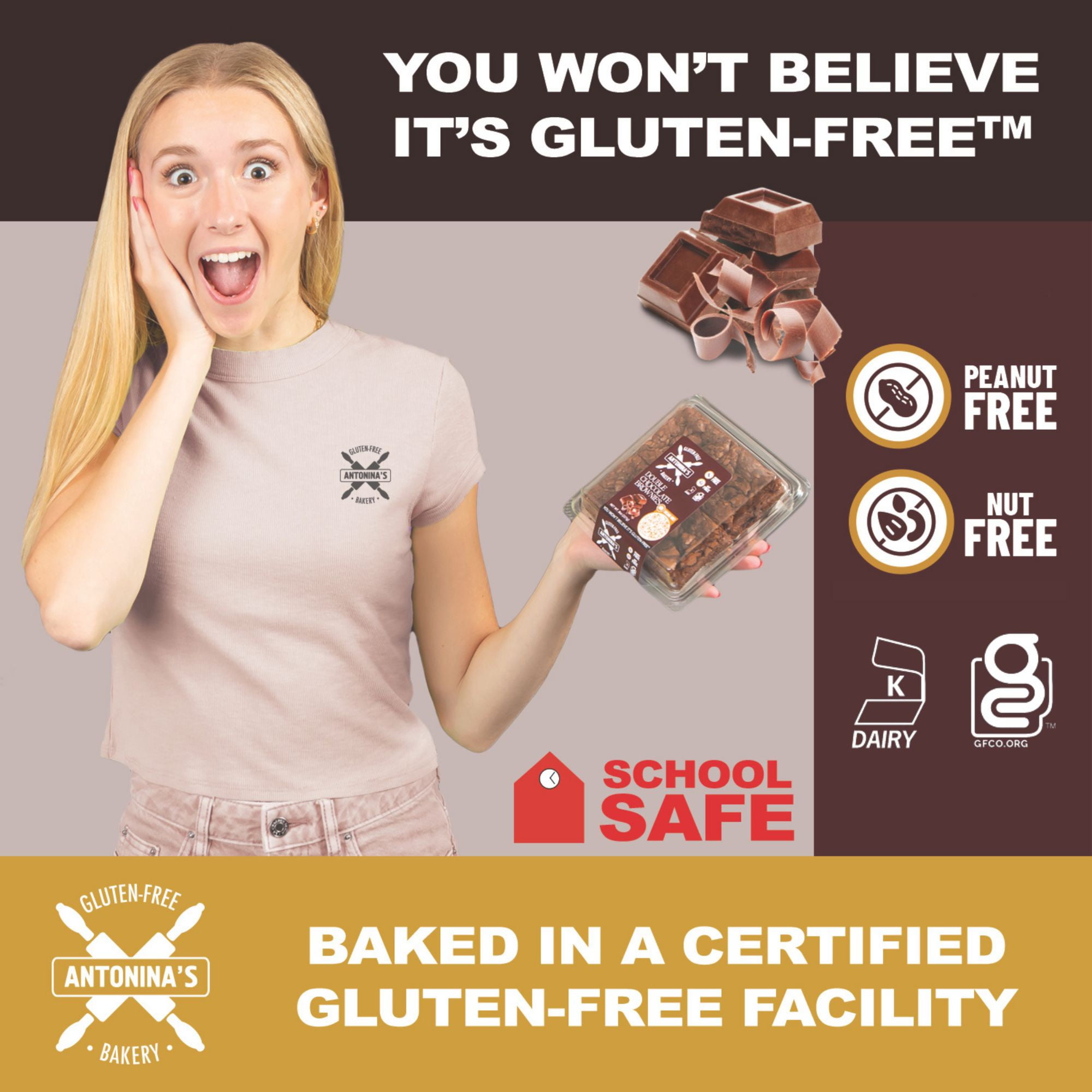 Antonina's Gluten-Free Double Chocolate Brownies, Certified Gluten-Free, Nut Free, Peanut Free, Eight 4-Packs (32 Brownies)