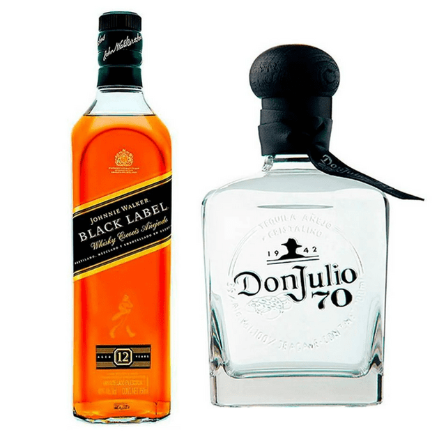 PAQUETE DE WHISKY JOHNNIE WALKER BLACK LABEL 12 YEARS 750ML / TEQUILA DON JULIO 70 CRISTALINO AÑEJO 750ML JOHNNIE WALKER Whisky 12 años