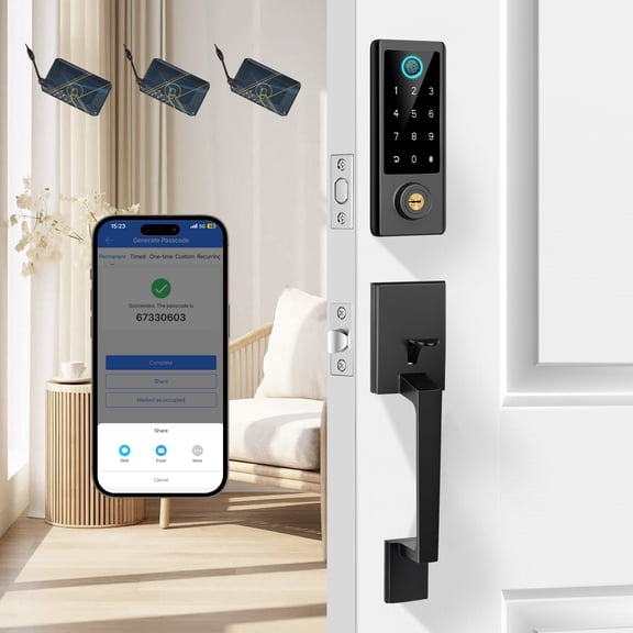 Fingerprint Door Lock with Handle Sets, BEBASIA Keyless Entry Door Lock Deadbolt, Bluetooth Front Door Lock Set, Smart Door Lock, Electronic Keypad Door Lock with Handle, Black