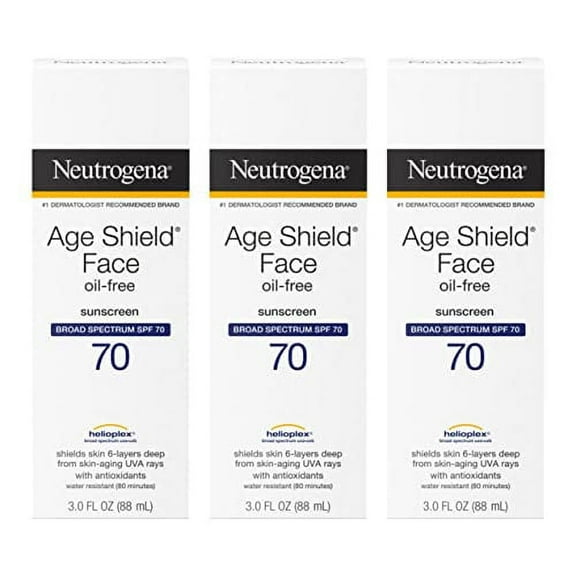 Neutrogena Age Shield Face Oil-Free Sunscreen Lotion with Broad Spectrum SPF 70, Non-Comedogenic Moisturizing Sunscreen to Help Prevent Signs of Aging, PABA-Free, 3 fl. oz (Pack of 3)