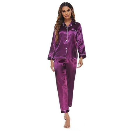 

SIEYIO Satin Silk Pajama Set Women Button Down Sleepwear Long Sleeve Pj Set Loungewear