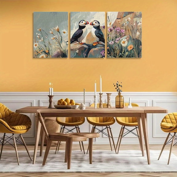 [2D Flat] 3pcs High-Quality Canvas Wall Art - Unframed Sea Parrot & Puffins on Rocks Prints, Vibrant Floral Background, Perfect for Living Room & Bathroom Decor, Living Room Decor|Vibrant Wall Art|F