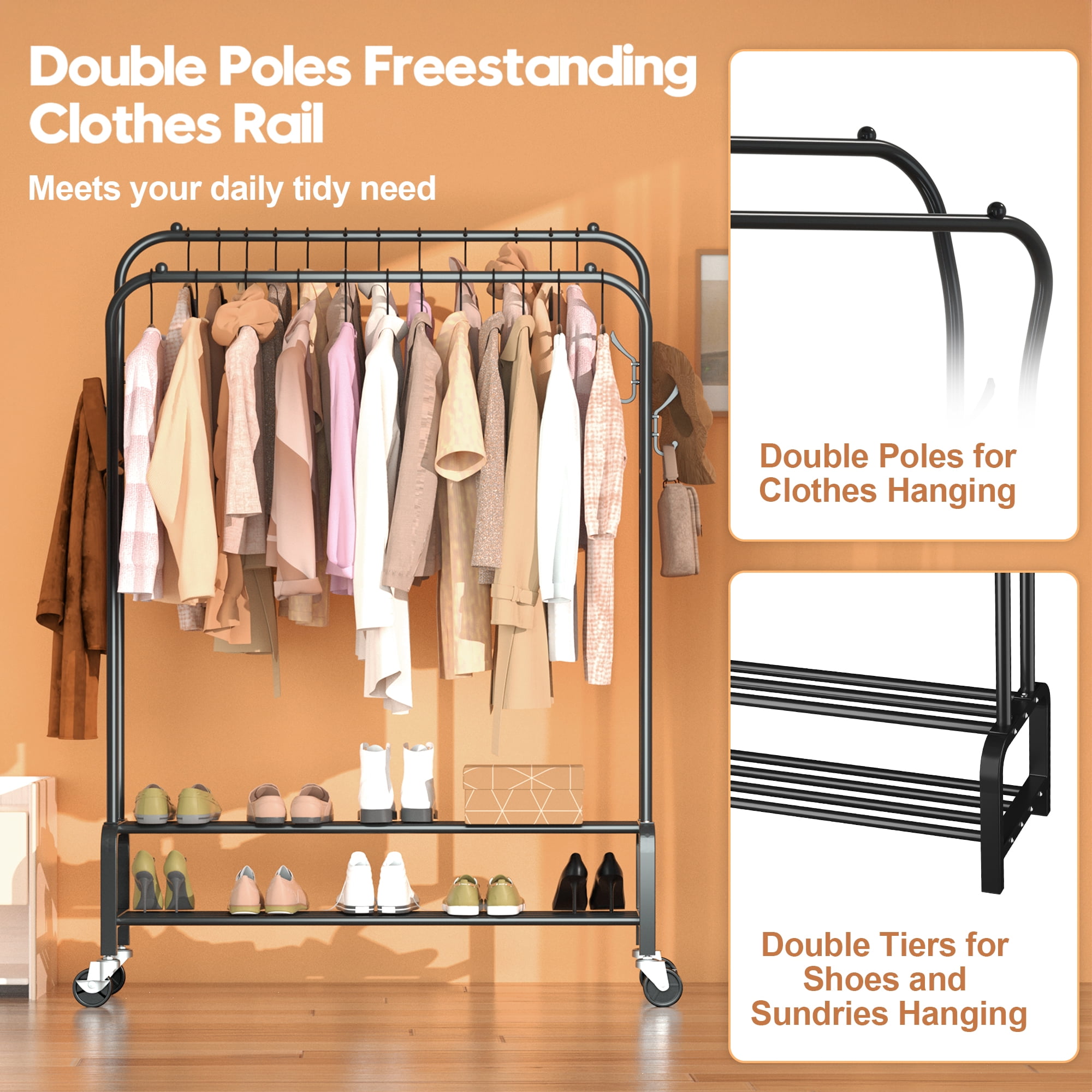 UNTIMATY Heavy Duty Clothes Rack for Hanging Clothes, Metal Rolling Garment Clothing Racks with Wheels Double-Rod 8 Hangers 2 Shoe Shelves, Black