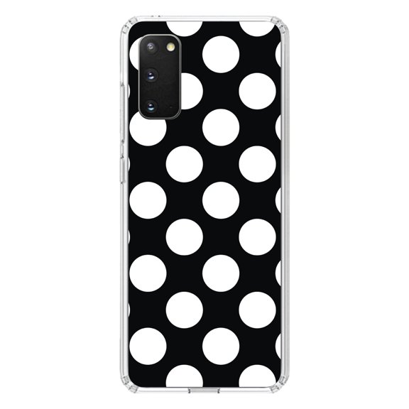 DistinctInk Clear Shockproof Hybrid Case for Galaxy S20 / S20 5G (6.2" Screen) - TPU Bumper, Acrylic Back, Tempered Glass Screen Protector - White & Black Polka Dots