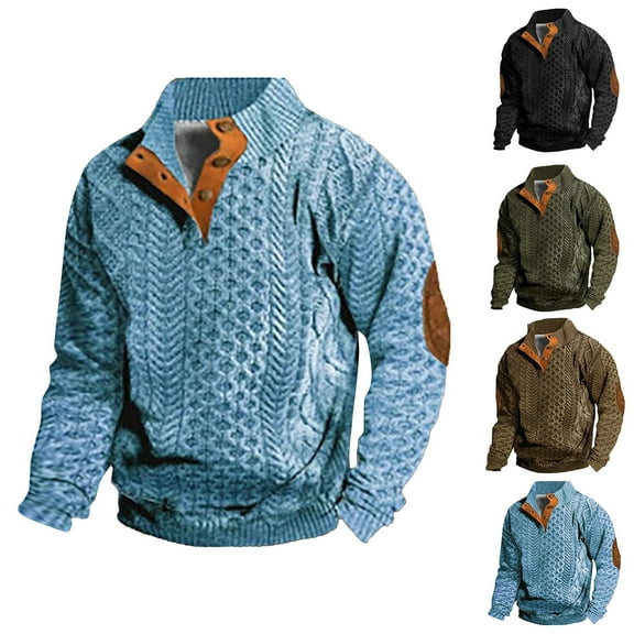 Men's Sweatshirts - Men's Vintage Stand Collar 3D Digital Knit Print Button Up Sweatshirt,Casual Jackets for Men Long Sleeve with Elbow Patch Hoodie Pullover Top Sweatshirts