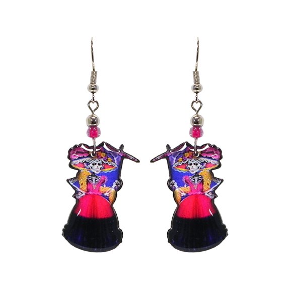 Day of the Dead Sugar Skull Skeleton Holiday Graphic Dangle Earrings - Womens Fashion Handmade Jewelry Themed Accessories