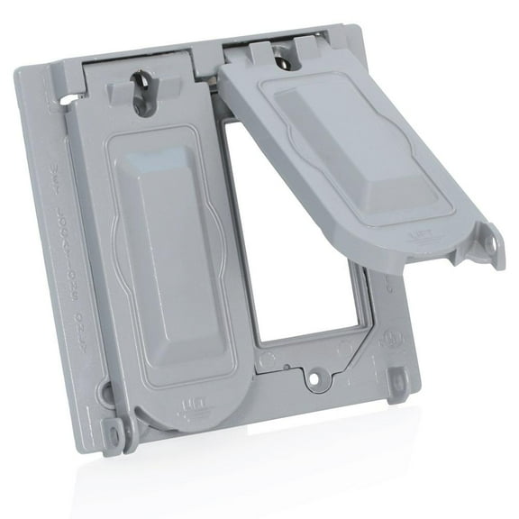 2-Gang Weather-Proof Cover With Metal Flat Lid For Decora, GFCI, Duplex Or Single Outlet Horizontal Mount, Gray