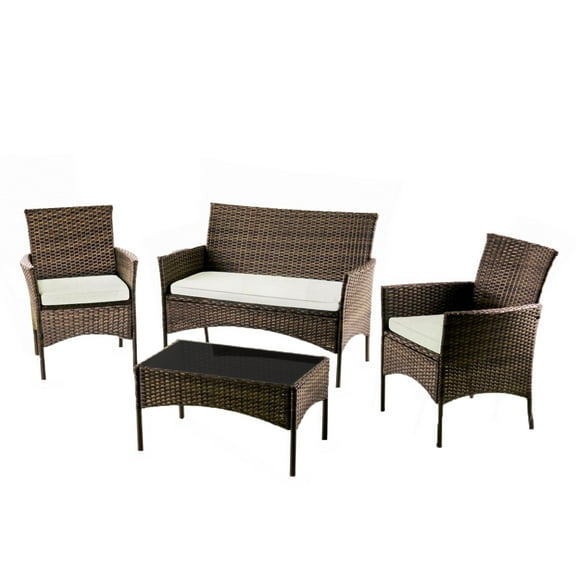 Ilios Innova Juego de Sala para jardín de 4 piezas fabricado en Mimbre sintético, Set para exteriores 3 Sofás con Asiento Acolchado y Mesa de Vidrio (Sala-4p)