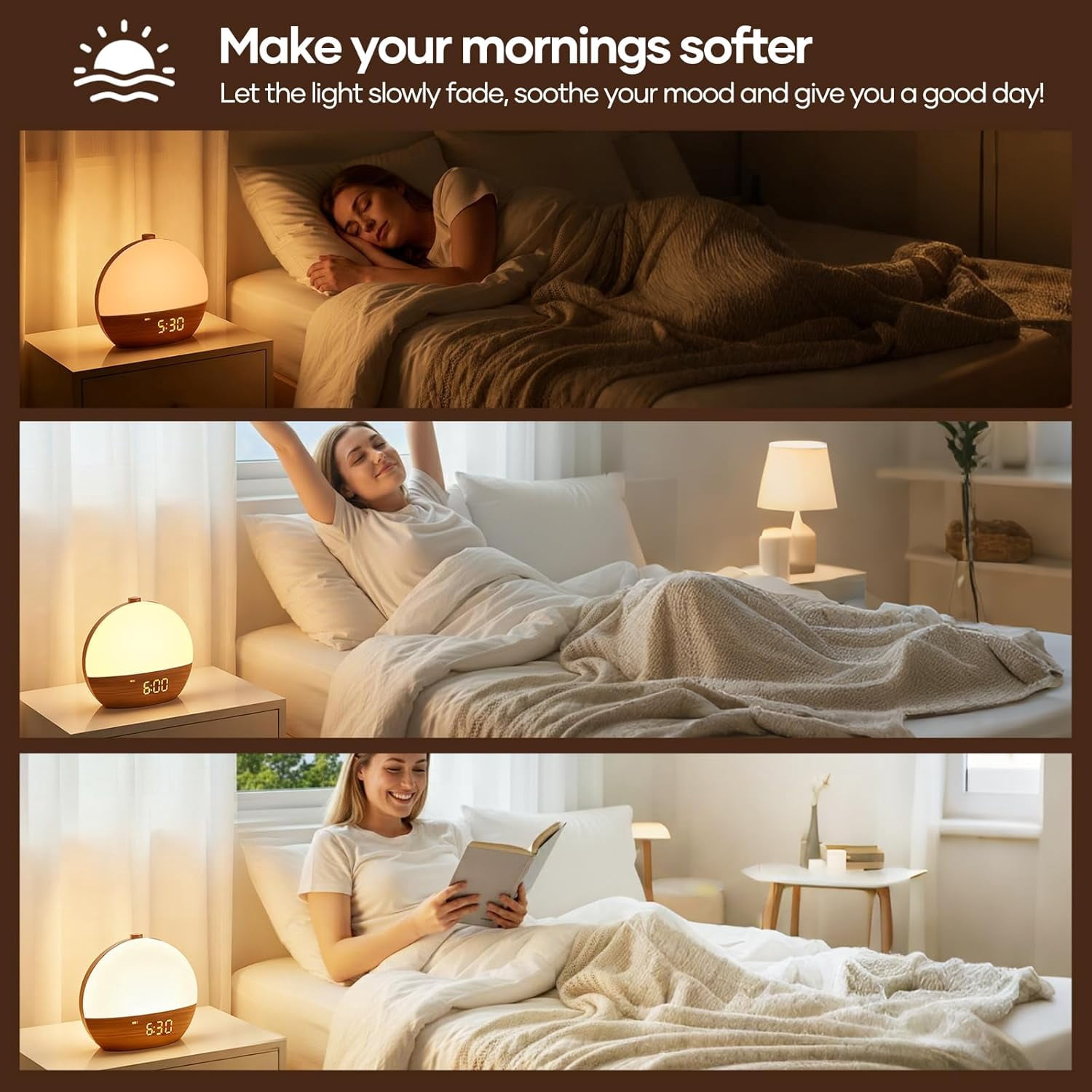 Clock Fabric Dimmable Night Light for Heavy Sleepers, Sunrise Wake Up Light, White Noise Machine for Baby, Dual Alarm Function 30 Sleep Sounds, with 17 Light Effects