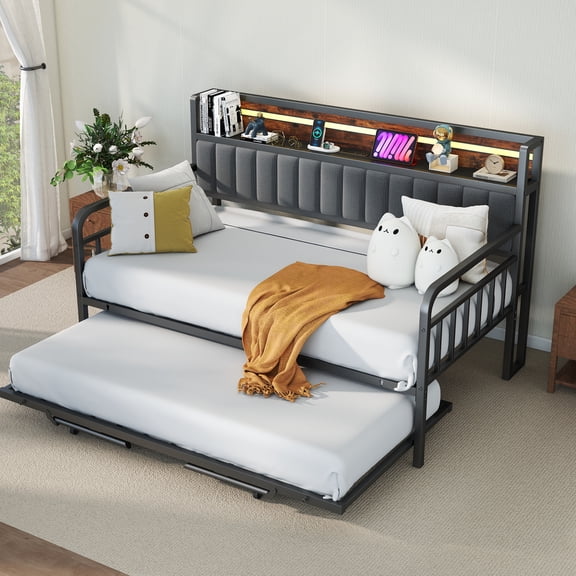 Vipuse Daybed with LED Light, Heavy Duty Metal Twin Bed Frame with Upholstered Storage Headboard & Charging Station, Day Bed Pop Up Trundle Bed Twin for Living Room,Bedroom and Guest Room,Brown