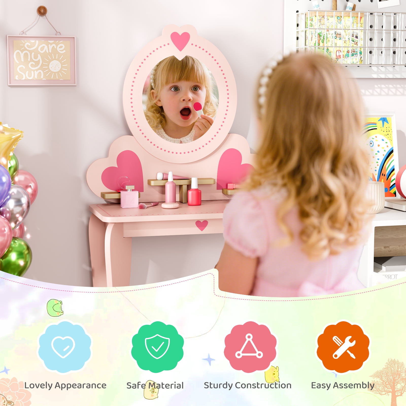 Pirecart Kids Vanity Makeup Table & Chair Set Make Up Stool Play Set for Children, Toddler Makeup Toy with 8 Pcs Accessories for Pretend Play, Pink