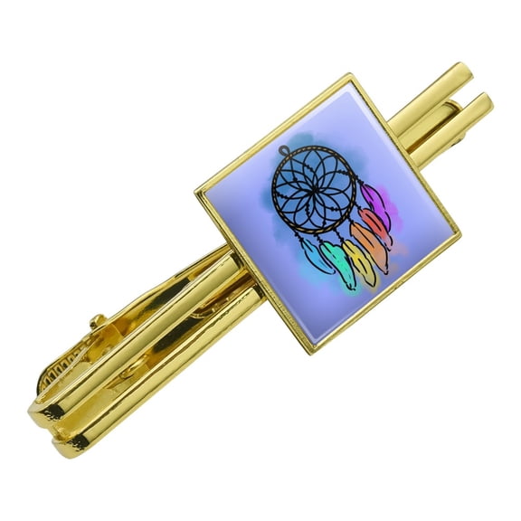 Dream Catcher with Rainbow Feathers Watercolor Sketch Square Tie Bar Clip Clasp Tack- Silver or Gold