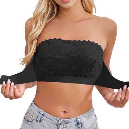 khonts,Women's Front Hook Closure Sexy Bandeau Solid Color Lace Tube Top Strapless Seamless Bralette Black S