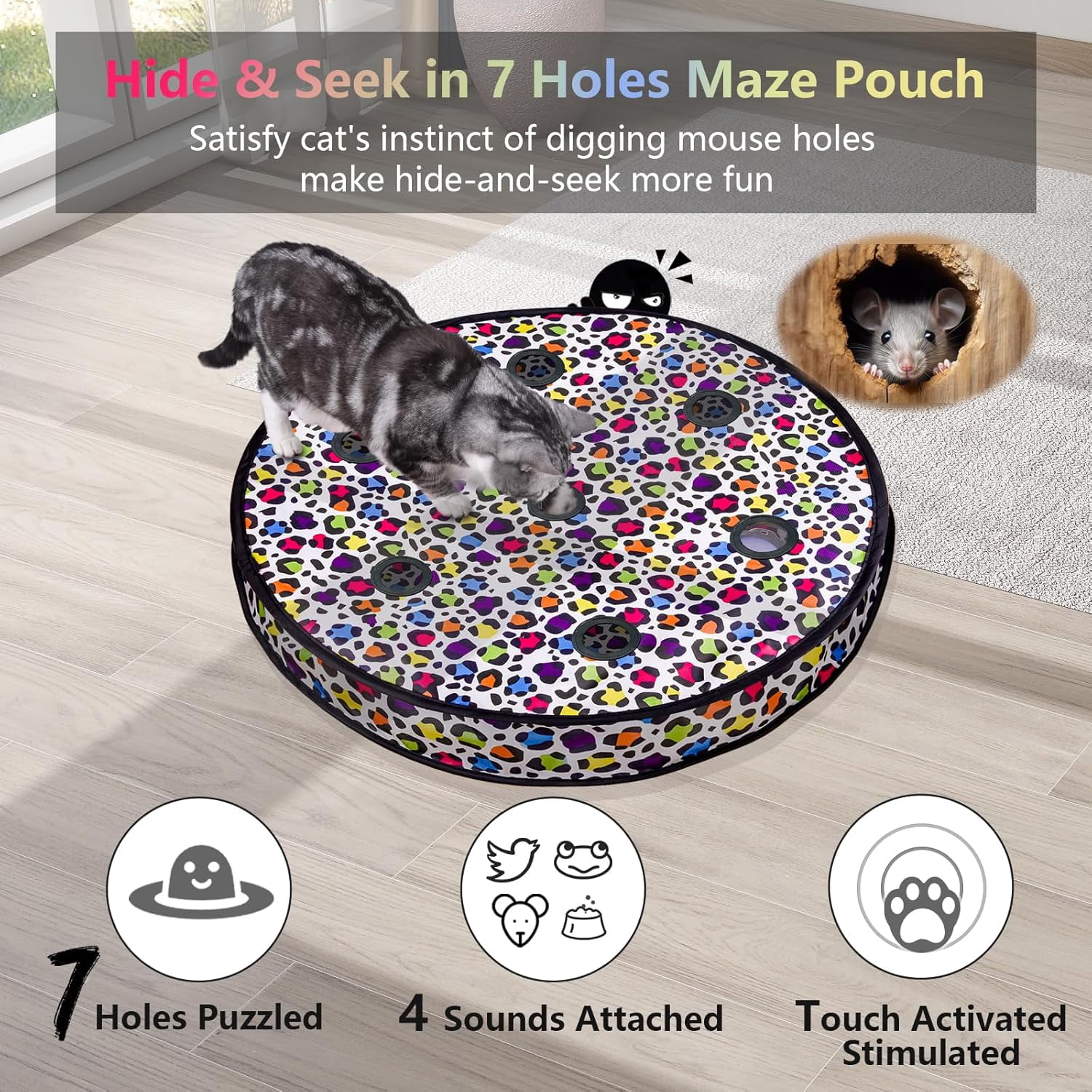 Cat Toys, Interactive Activated Moving Ball in 7 Holes Mat, Automatic Fast Rolling Ball, Hide and Seek Toys for Indoor Cats, Exercise Kicker Mouse Catching Game