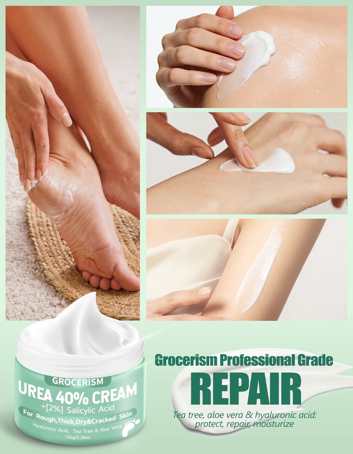 Urea Cream 40 Percent for Feet Plus Salicylic Acid 5.29 oz Foot Cream, with Hyaluronic Acid, Tea Tree,and Aloe Vera for Deep Moisturizes