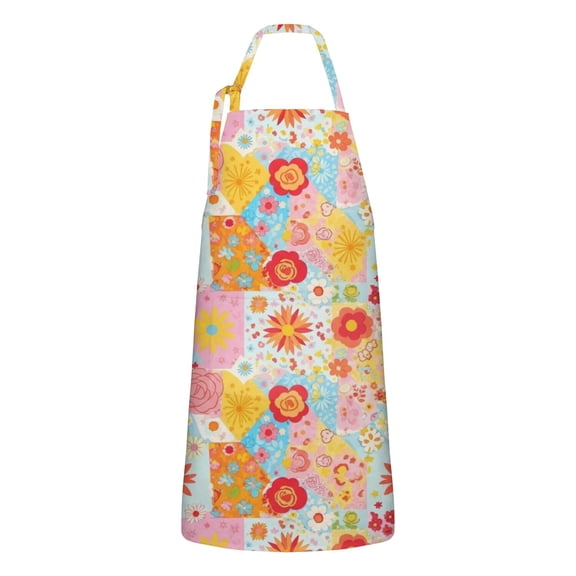 Pioneer Flower Floral Print Pattern Apron for Women and Men, Cotton Linen Waterproof with Pockets, Adjustable, 33x27 Inch for Kitchen, Gardening, BBQ, Salon