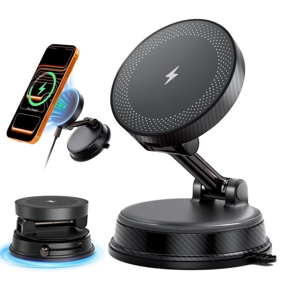 Magnetic Car Phone Holder, 360° Adjustable Dashboard & Windshield Mount, Strong Suction Cell Phone Car Mount 15W Wireless Charger Compatible with iPhone 17 - 12 Series, Black