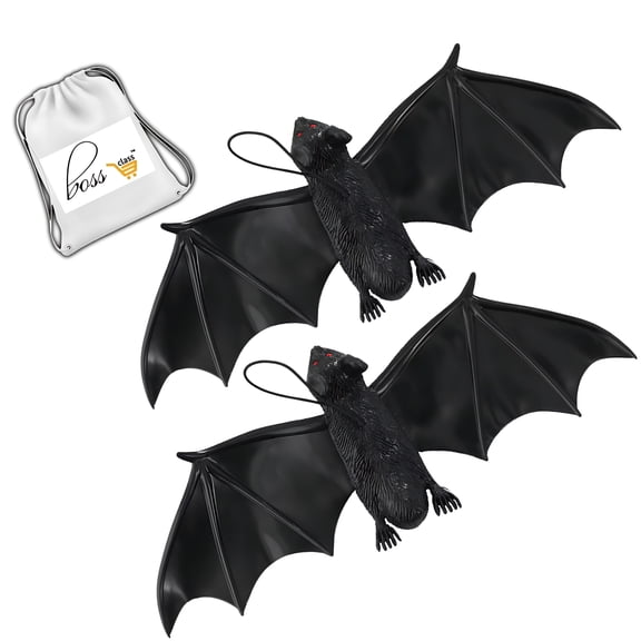 (2) Halloween Hanging Black Bats Decoration, 11-Inch Realistic Spooky Plastic Animal Props Set Scary Indoor Outdoor Haunted House Decor Party DIY Home Office Decoration Supply