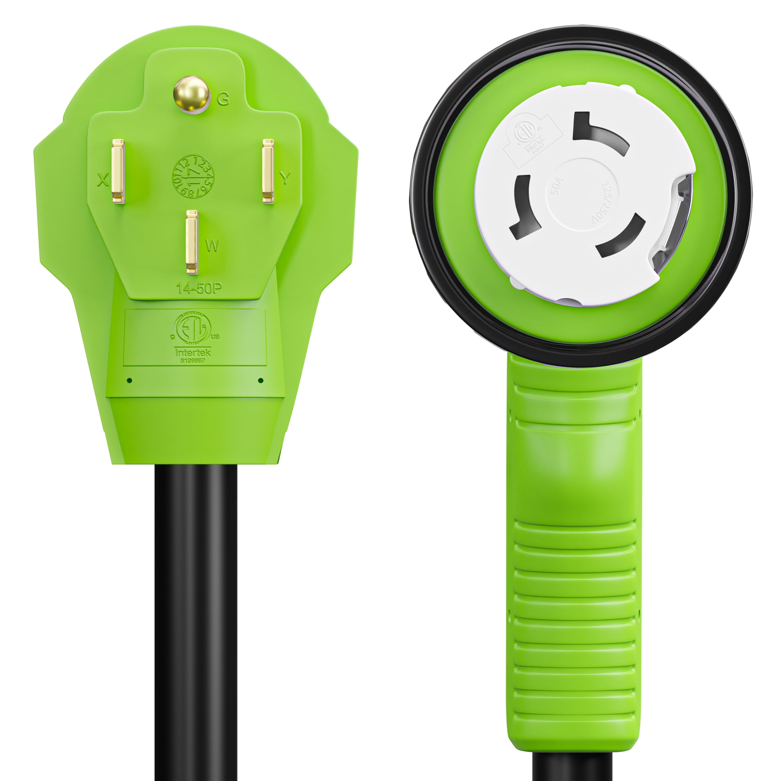 Leisure Cords 12" 90-Degree Dogbone RV Adapter 50 Amp Male and 50 Amp Female with Twist Lock and LED Power Indicator