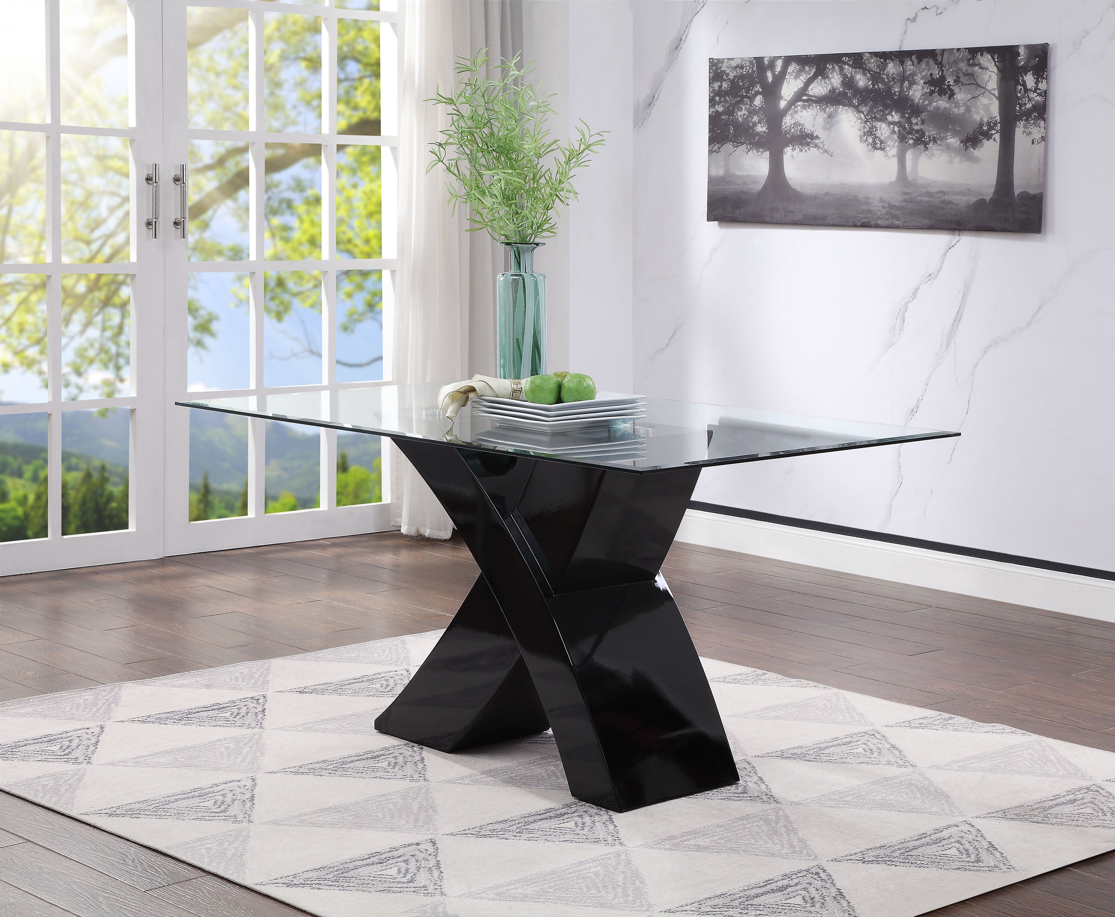 【あーき】X-base Smoked Glass Table Glass Top Dining Table With X Shape Wooden Base White and