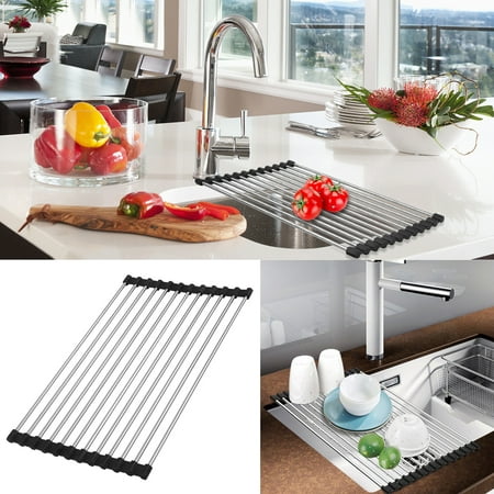 Roll Up Rack, TSV Collapsible Dish Drying Rack-In The Sink Drying Mat-Multipurpose Dish Drainer - Dish Drying Rack-Fruits and Vegetable Rinser-Durable Silicone Covered Stainless Steel