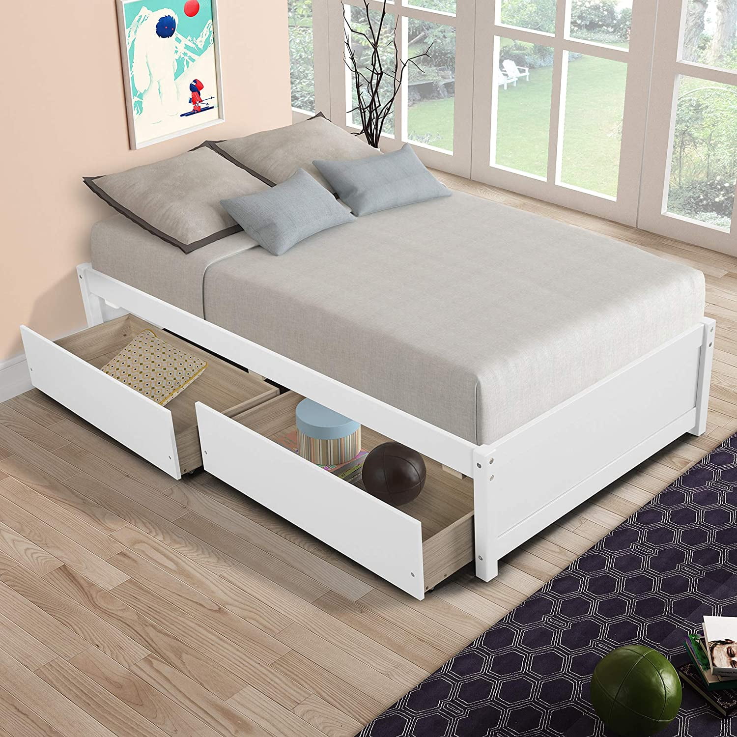 Pine Wood Children Toddler Bed Frame slatted with mattress storage drawer COLORS 