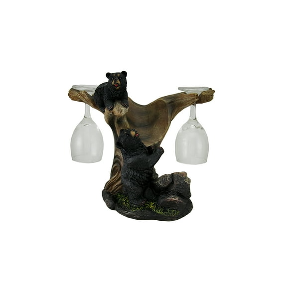 Zeckos Oh Honey Black Bears In a Tree Rustic Wine Bottle Holder with Glasses