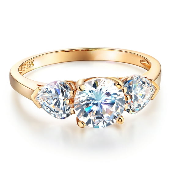 Wellingsale Ladies Solid 14k Yellow Gold Polished CZ Cubic Zirconia Round Cut Three 3 Stone Engagement Ring - Size 4