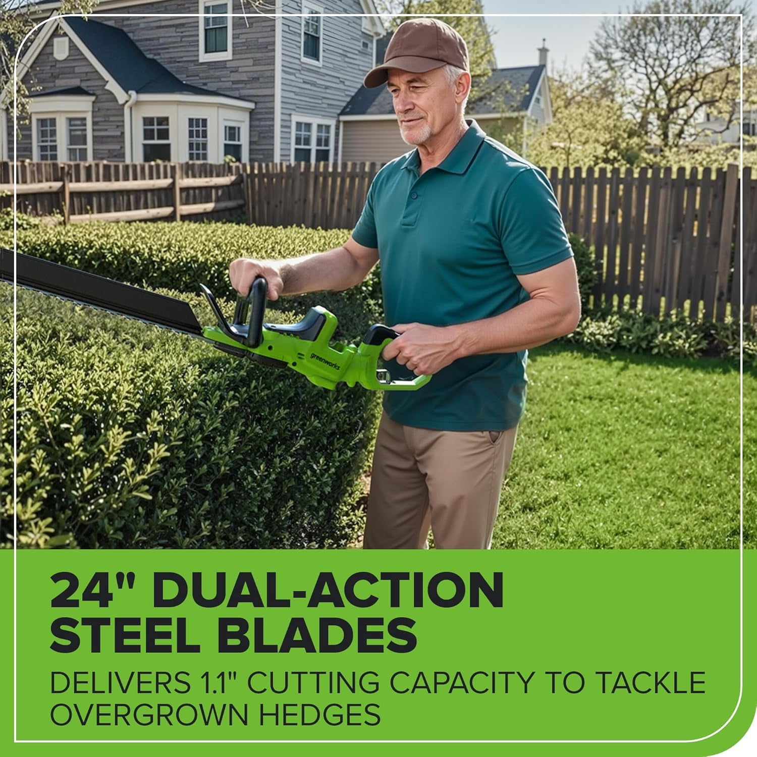 Greenworks 24V 24" (1.1" Cutting Capacity/Rotating Handle) Brushless Hedge Trimmer Cordless, 2.0Ah Battery and Charger Included
