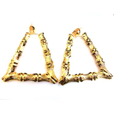 Bamboo Hoop Earrings - Gold Trapezoid Large Hoops 3 Inch Bamboo Design Lightweight