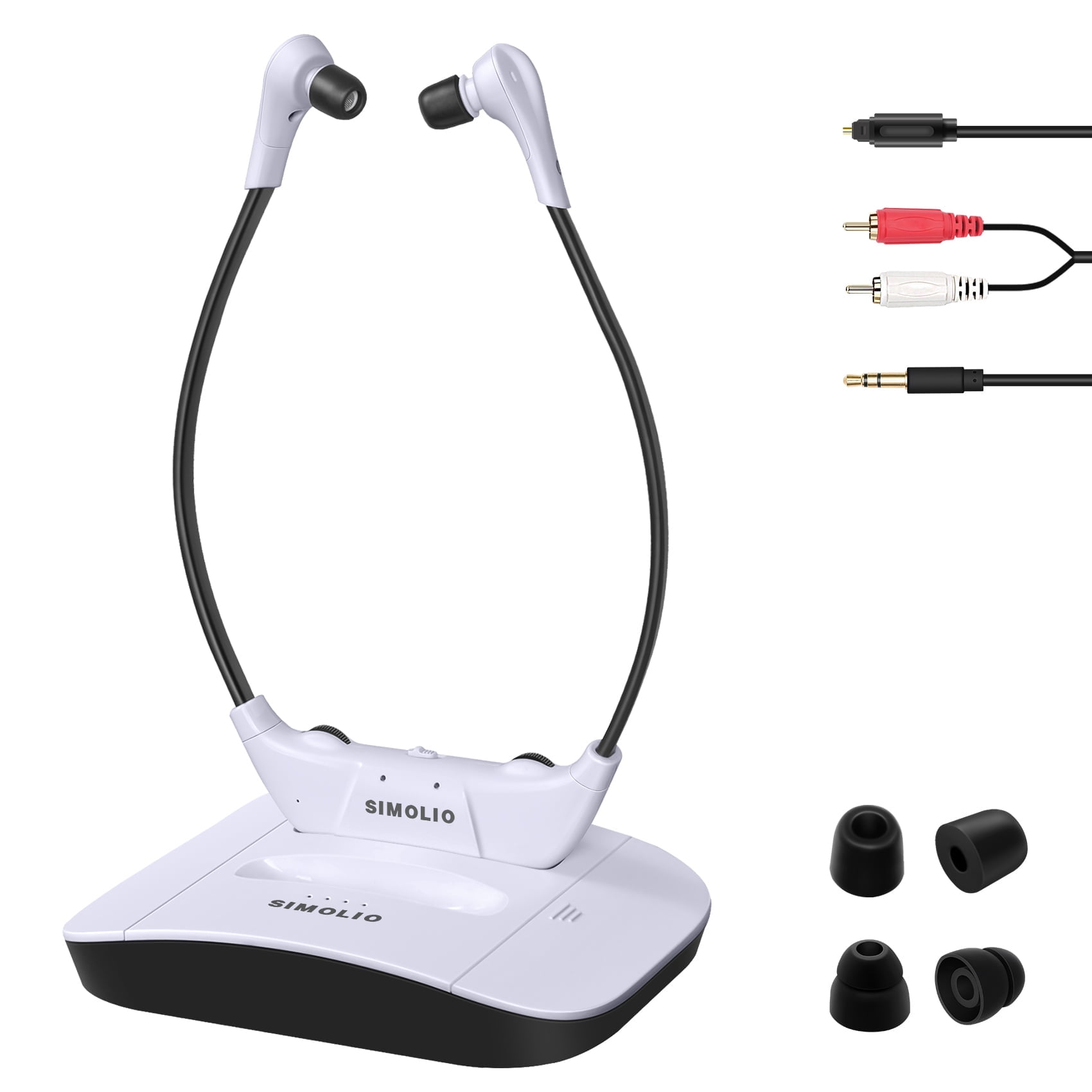 SIMOLIO Wireless TV Headphones with Charging Transmitter, Wireless Headphones for TV Watching with Tone & Balance Control for Seniors, By-pass, Optical/RCA/AUX, 164ft, SM-824D1-W (New)