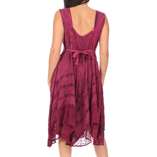 green emerald velvet dress Sakkas Rayon Embroidered Stonewashed Adjustable Spaghetti Straps Long Dress  - Burgundy