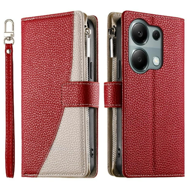Funda cartera GANGXUN para Xiaomi Poco M6 Pro 4G , cuero PU con tarjetero, cremallera, correa de mano, soporte y protección 1235°