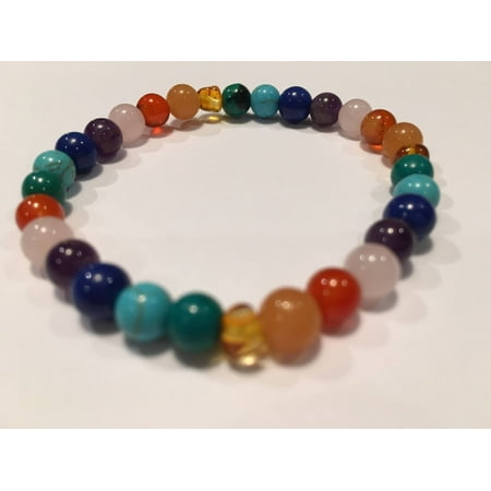 Rainbow Aura Quartz - Baltic Amber Teen Adult 7.5 inch Bracelet Rainbow Honey Amber Pink Rose Quartz Red Agate Aventurine Chrysocolla