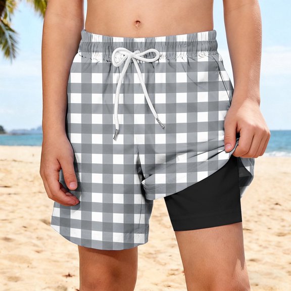 Boys 2 in 1 Athletic Quick Dry Shorts with Liner Kids Gingham Plaid Moisture Wicking Gray,Size 11 T