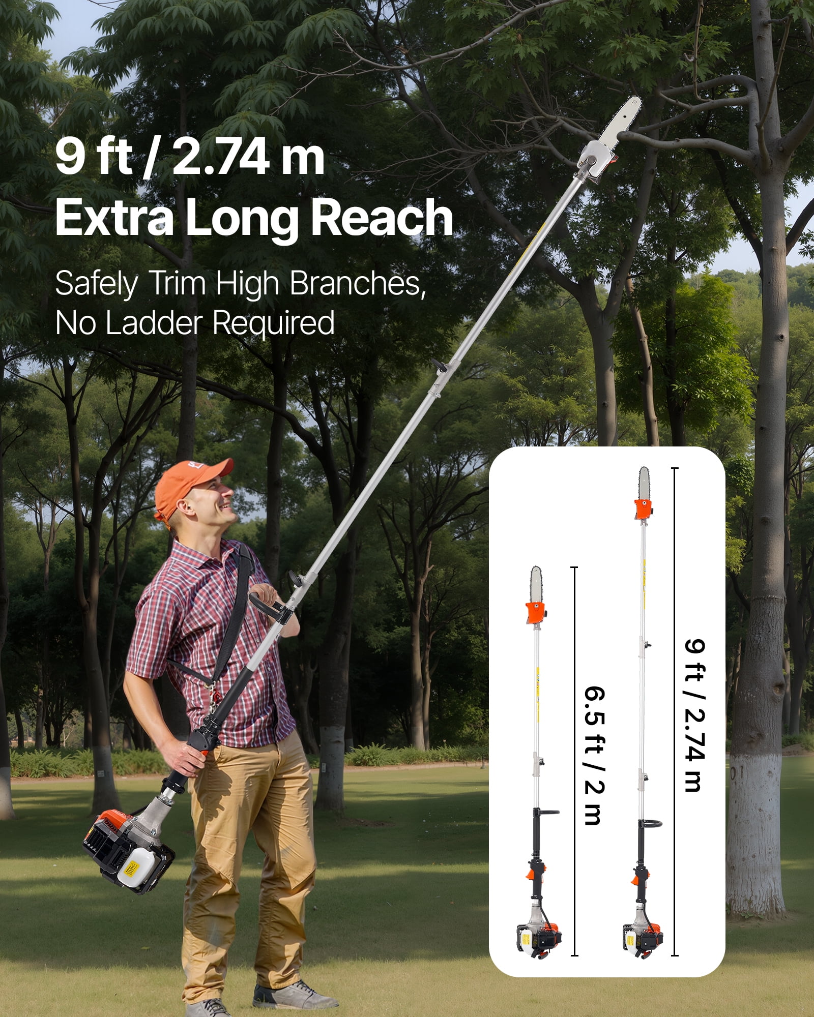 VEVOR Gas Pole Saw, 25CC 2 Stroke Gas Powered Pole Saws with 8 in Cutting Bar, Cordless Tree Trimmer with 23 fl.oz Fuel Tank, 6.5 to 9 ft Extendable, Powerful Chainsaw for Tree Trimming Pruning