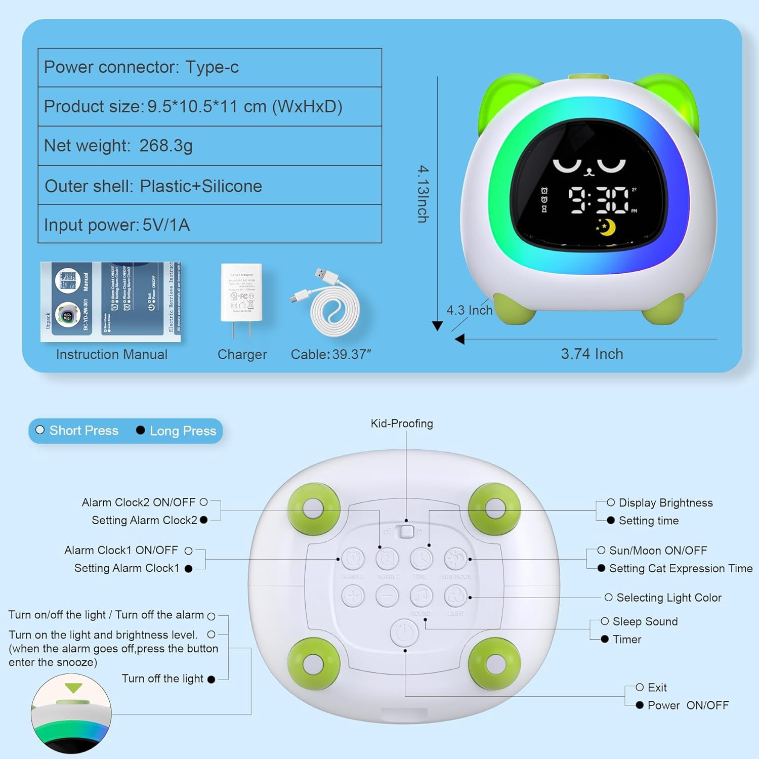 Sailstar OK to Wake Clock with Snooze Mode and 6 Colors Night Light, Cat Kids Alarm Clock for Boys and Girls