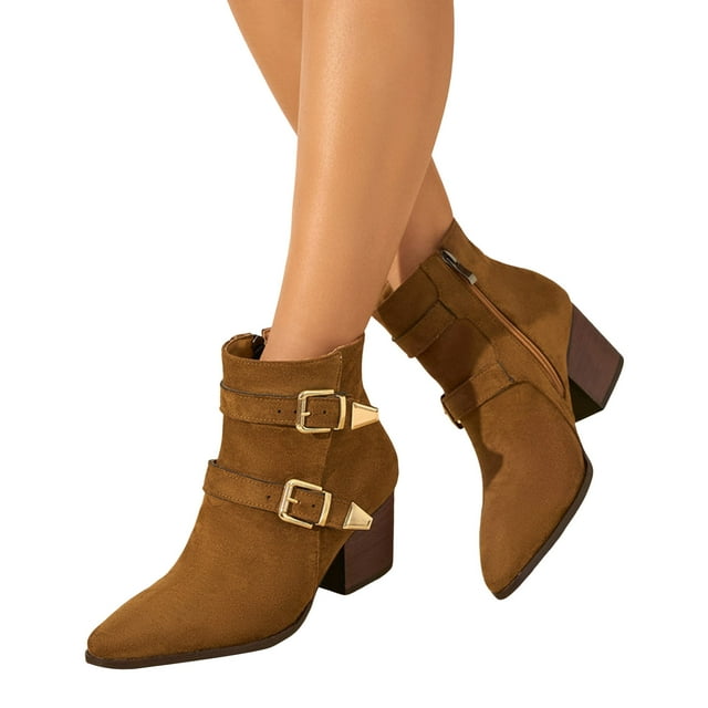 Womens Combat Dress Boots with Side Zipper Trendy Double Buckle Suede Pointed Toe Heeled Mid Calf Booties