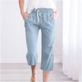 thumbnail image 2 of Capris Pants for Women Cotton Linen Casual Summer 2026 Straight Wide Leg Loose Drawstring Elastic Waist Cropped Trouser Light Blue 2XL, 2 of 5