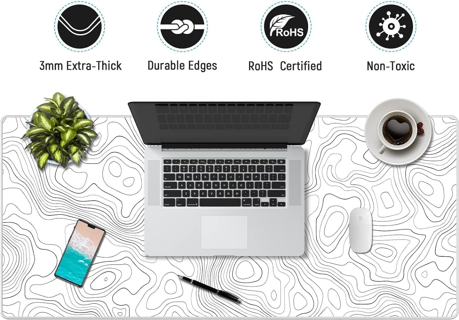 White Topographic Large Gaming Mouse Pad, XXL Mousepad, Big Mouse Mat Desk Pad for Keyboard and Mouse, Gaming Computer Laptop PC Desk Office Accessories