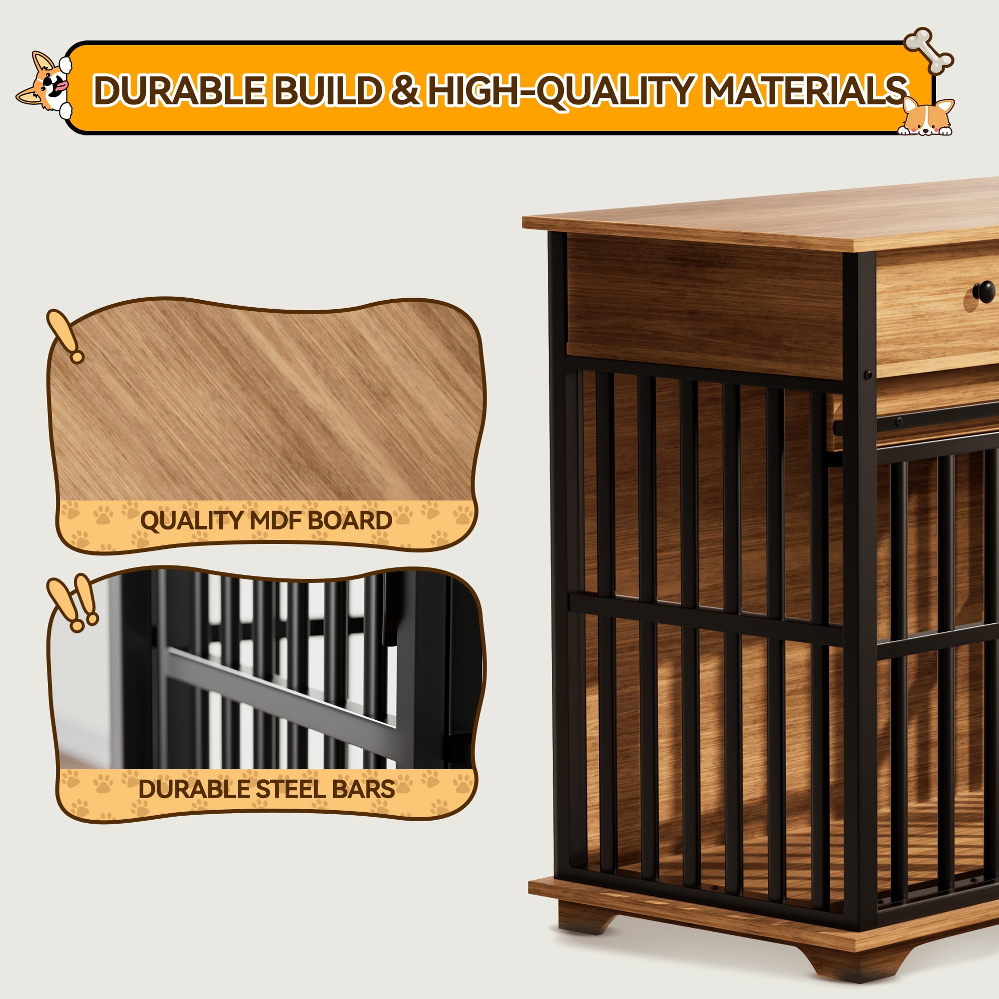 RERIOU 36" Dog Crate with Double Storage Cabinets, Indoor Dog Kennel Table with Sliding Door & Removable Tray, Rustic Brown Pet Cage for Medium & Large Dogs, Decorative Home Furniture