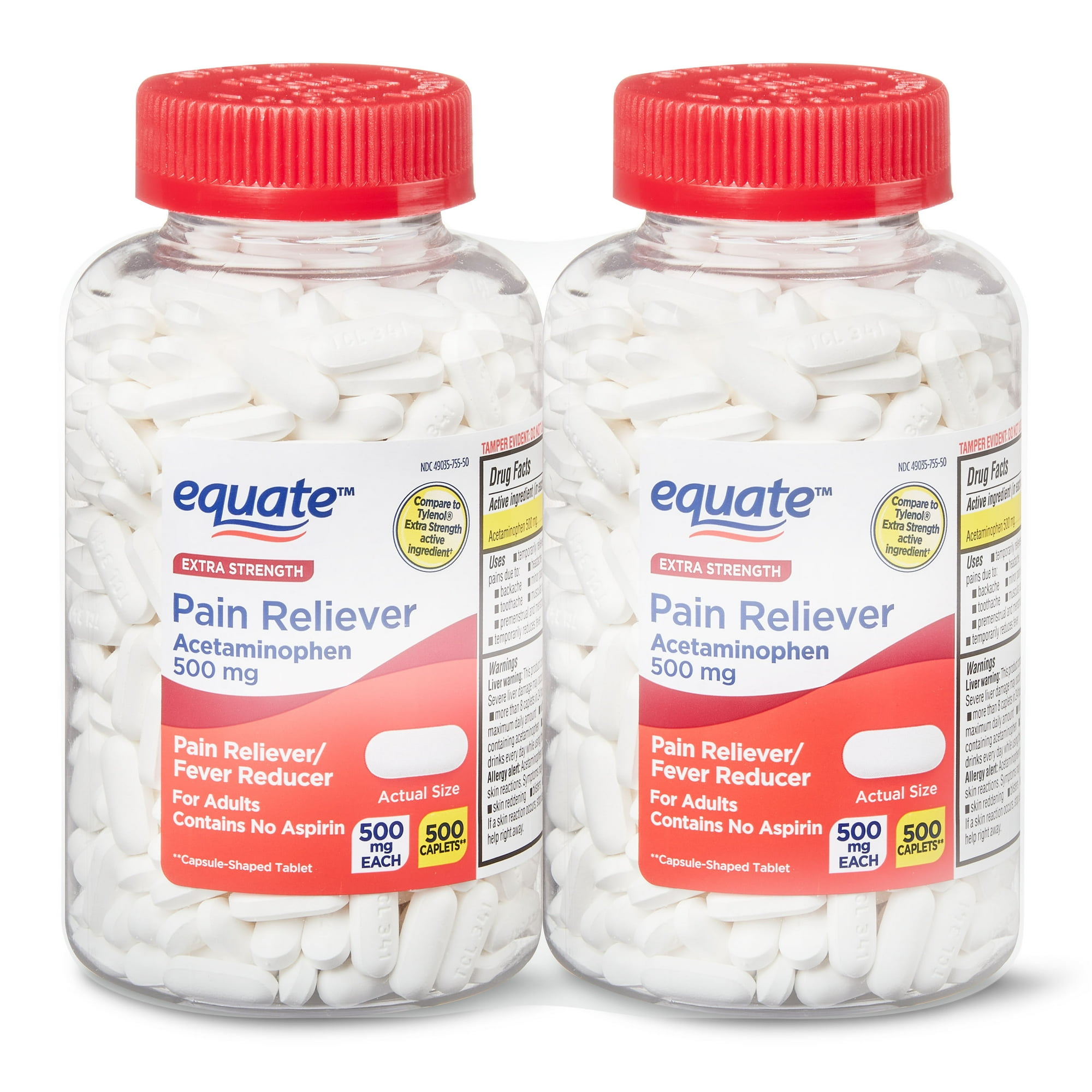 Equate Extra Strength Acetaminophen Pain Reliever Caplets, 500 mg, 1000 Count, 2 Pack