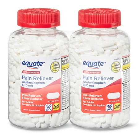 Equate Extra Strength Acetaminophen Pain Reliever Caplets, 500 mg, 1000 Count, 2 Pack