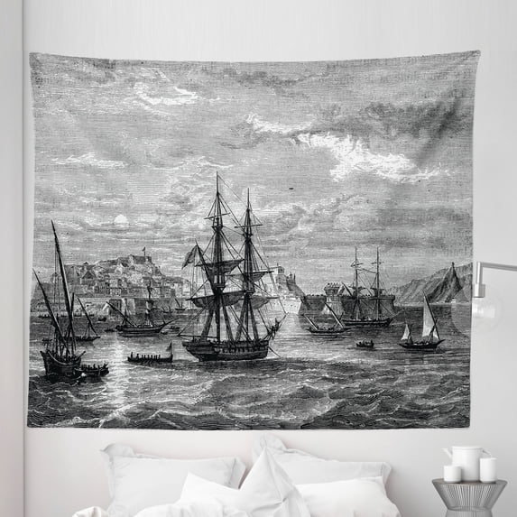 Antique Tapestry, Departing from Elba Vintage Engraved Illustration History of France Sails Vessels, Fabric Wall Hanging Decor for Bedroom Living Room Dorm, 5 Sizes, Black Grey, by Ambesonne