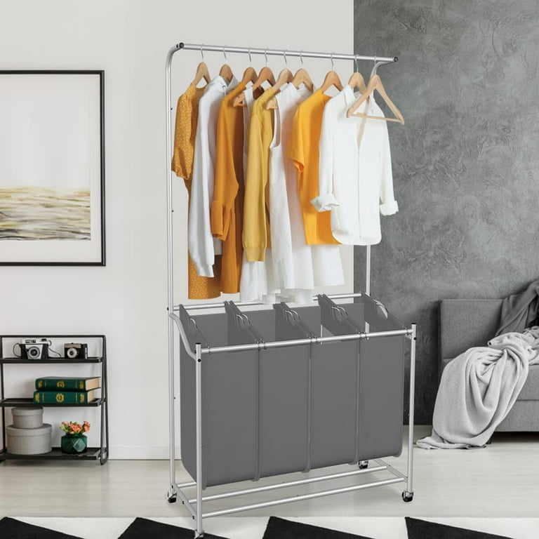 LUCKUP Laundry Sorter 4 Sections with Hanging Bar Rolling Laundry Cart Laundry Organizer Hamper Basket with Heavy Duty Lockable Wheels for Laundry Room Bathroom Bedroom Grey Walmart