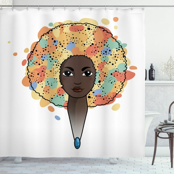 Funky Shower Curtain, Portrait of a Woman with Luxuriant Hair in the Style of an African Colorful Print, Fabric Bathroom Set with Hooks, 69W X 75L Inches Long, Multicolor, by Ambesonne