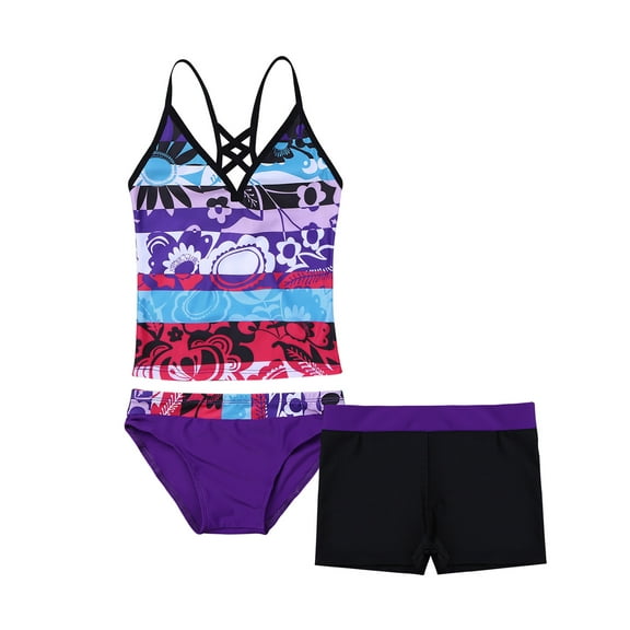 iiniim Kids Girls Floral 3 Pieces Tankini UPF 50  Rash Guard Crisscross Back Tank Top Triangle Brief with Boardshorts
