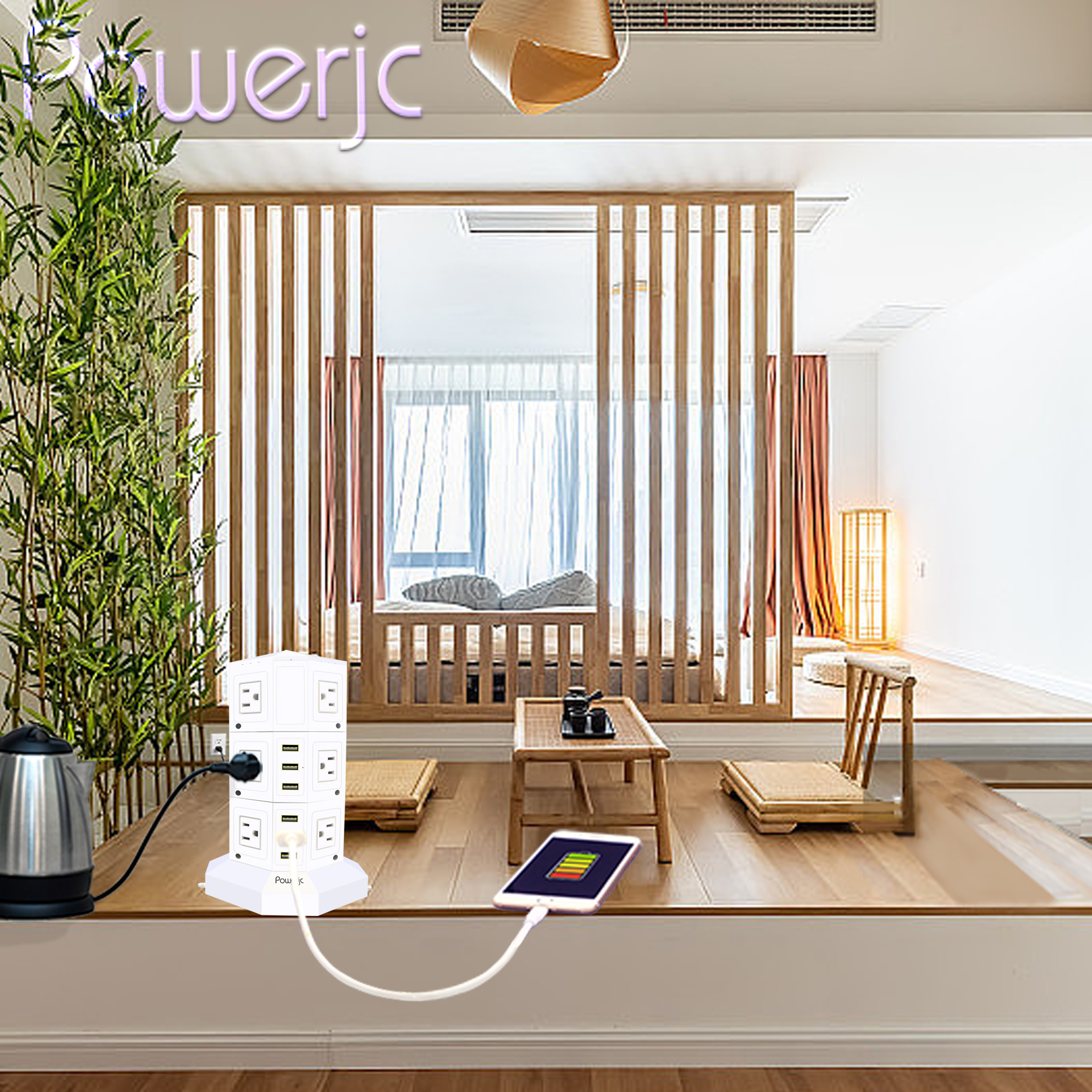 Powerjc Tower Power Strip Surge Protector 12 AC Outlets with 6 Ports USB Chargers 118 Inch Long Extension Cord Indoor White