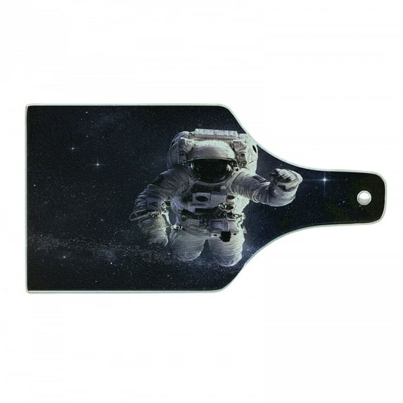 Galaxy Cutting Board, Astronaut in Outer Space Stardust Nebula in Milky Way Cosmonaut Apollo Art, Decorative Tempered Glass Cutting and Serving Board, Wine Bottle Shape, White Dark Blue, by Ambesonne
