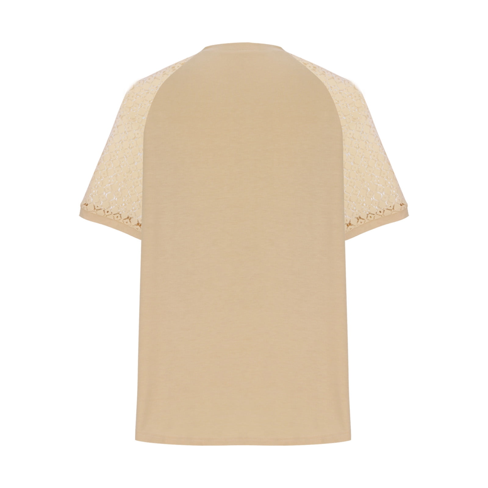Womens Trendy Plus Size Tops- Casual Crewneck Lace Short Sleeve Pleats Summer Shirts Blouses Khaki Size 2XL